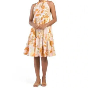 Nicole Miller Linen Halter Tiered Midi Dress in Floral Multicolor Print